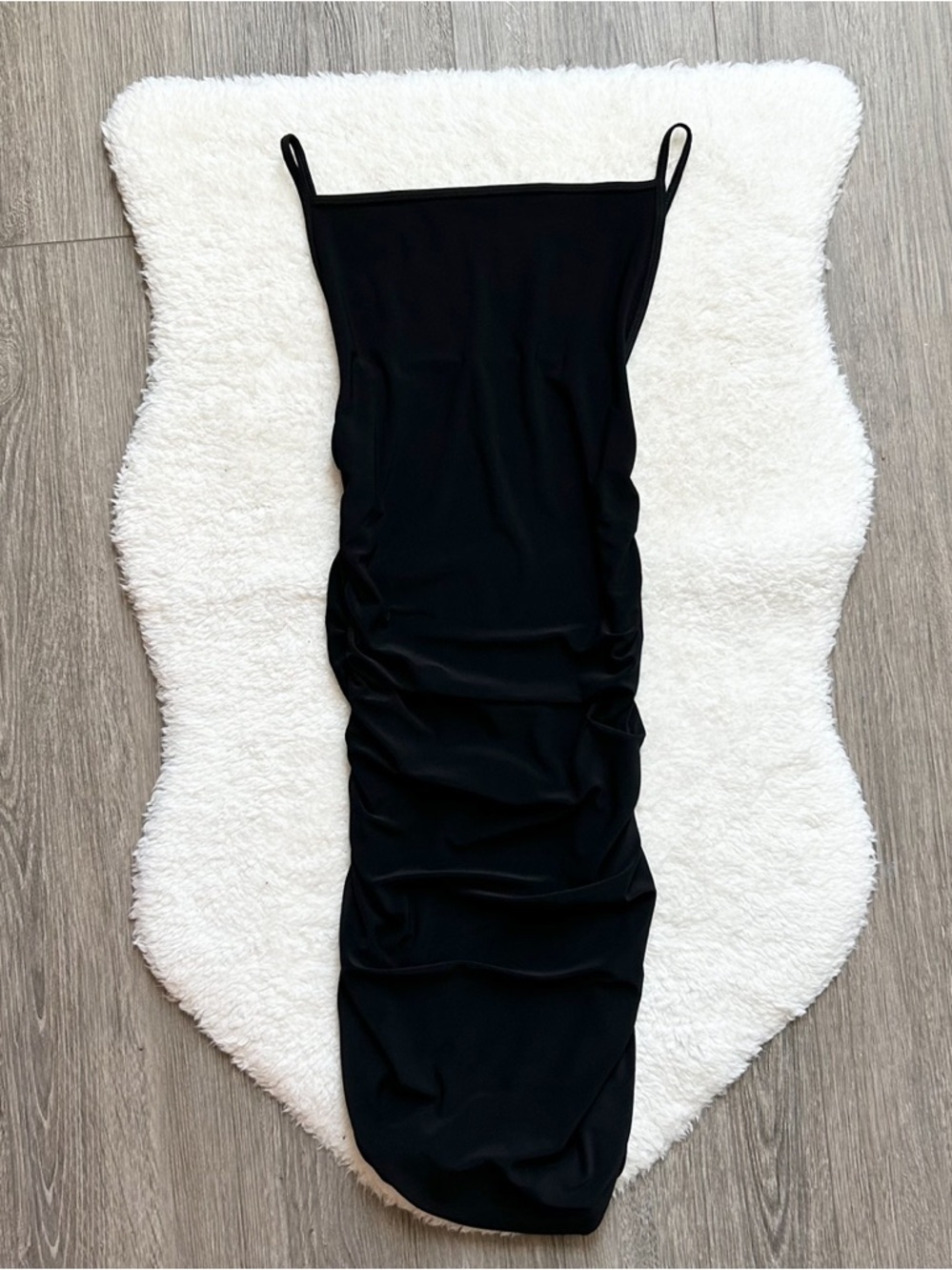 Aritzia Babaton Black Ruched Strap Midi Boat Neck Dress